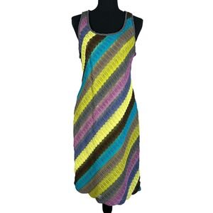 Muse Y2K Pointelle Crochet Striped‎ Mini Beach Dress Lime Multicolor Sz 10